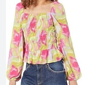 The Drop Smocked Long‎ Sleeve Gauze Blouse, Pink Green Purple, Women's Sm